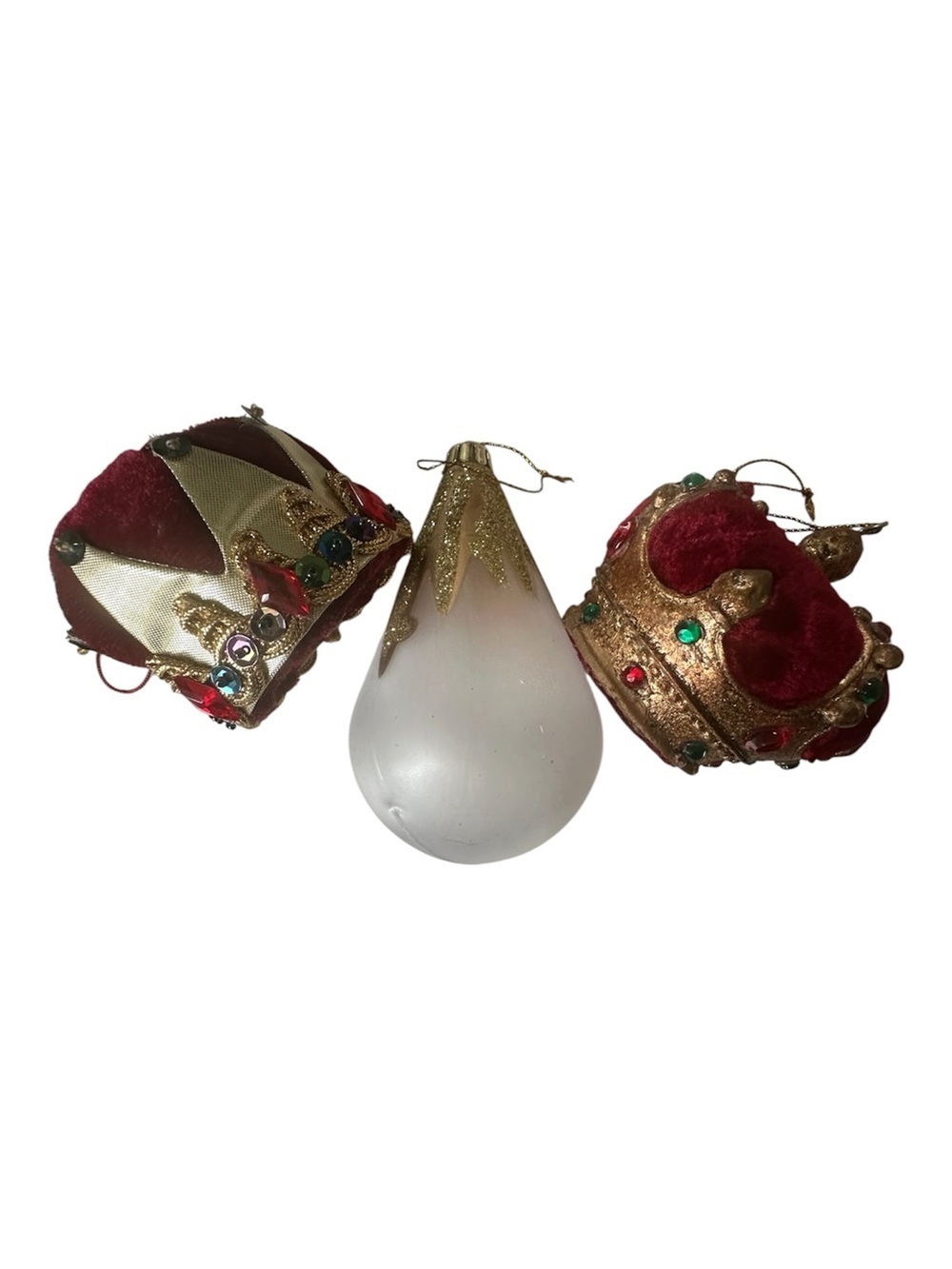Elegant Red Velvet and Gold Crown Ornament Set with Frosted White Teardrop